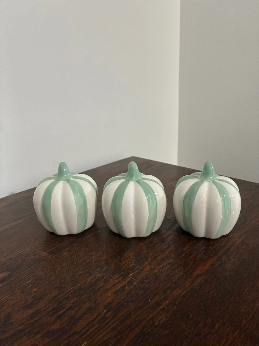 NWT- Set of 3- White & Mint Green Stripe Ceramic Pumpkins